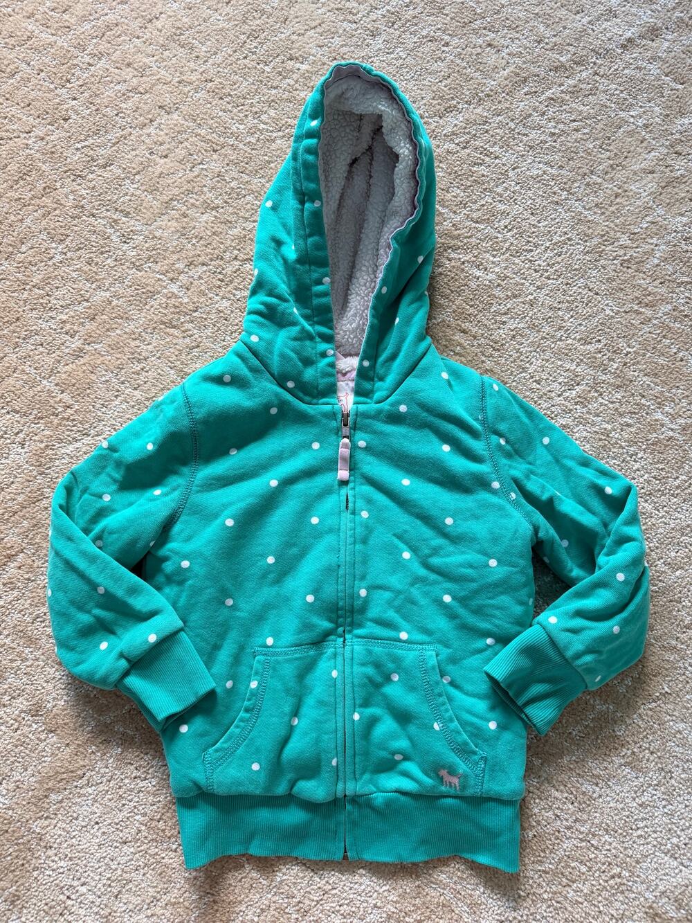Mini Boden Girl’s Green Polka Dot Sherpa Lined Full Zip Hoodie - 5-6